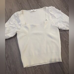 Astr White Sweater with Floral Lace Sleeves